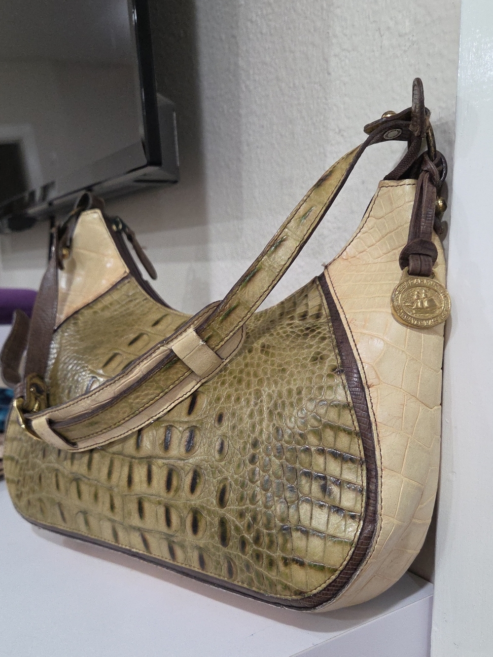 Brahmin Vintage Olive Green and Cream Croc-Embossed Shoulder Bag